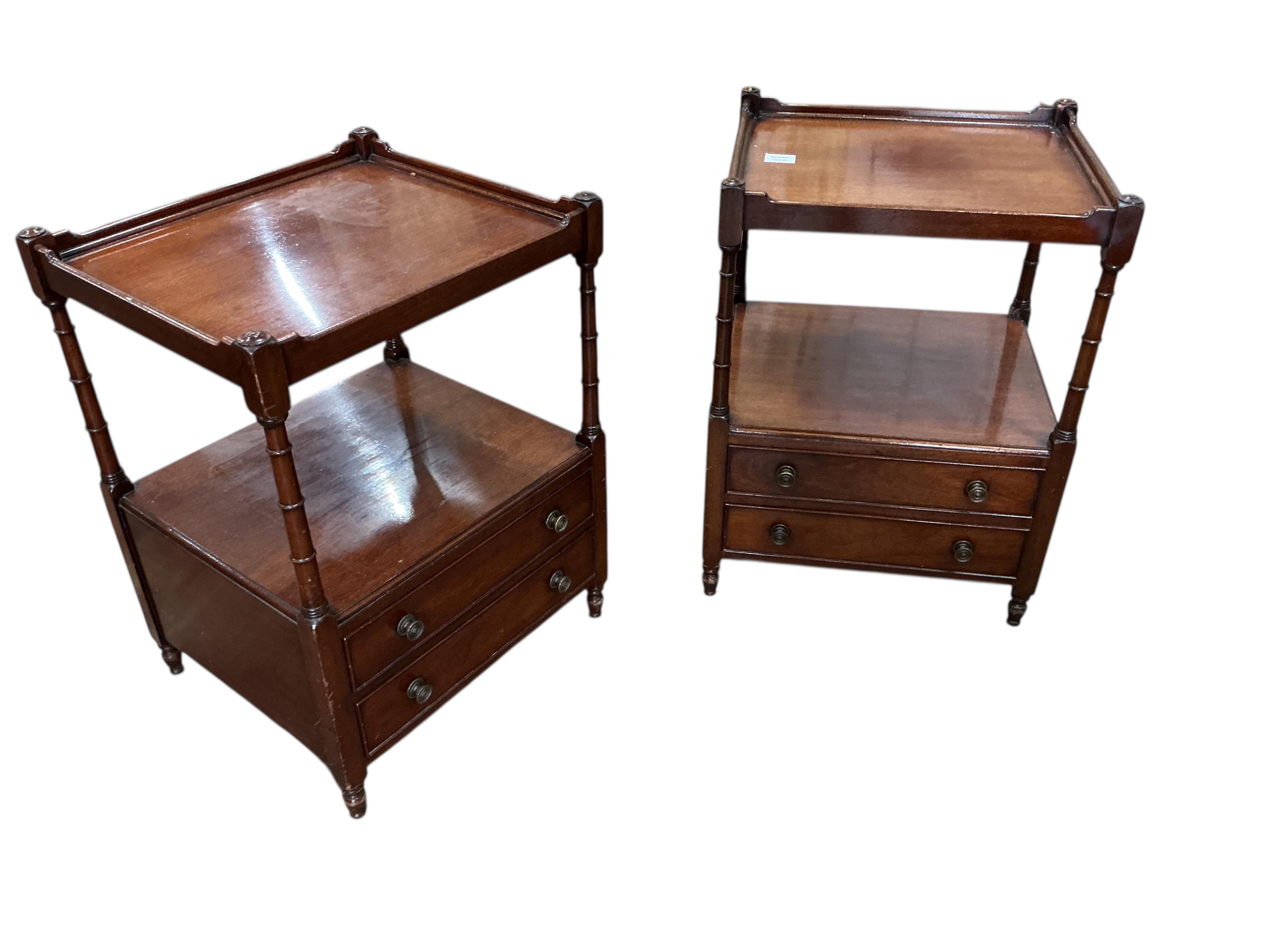 A pair of reproduction George III style mahogany two tier occasional tables, width 48cm, depth 41cm, height 65cm